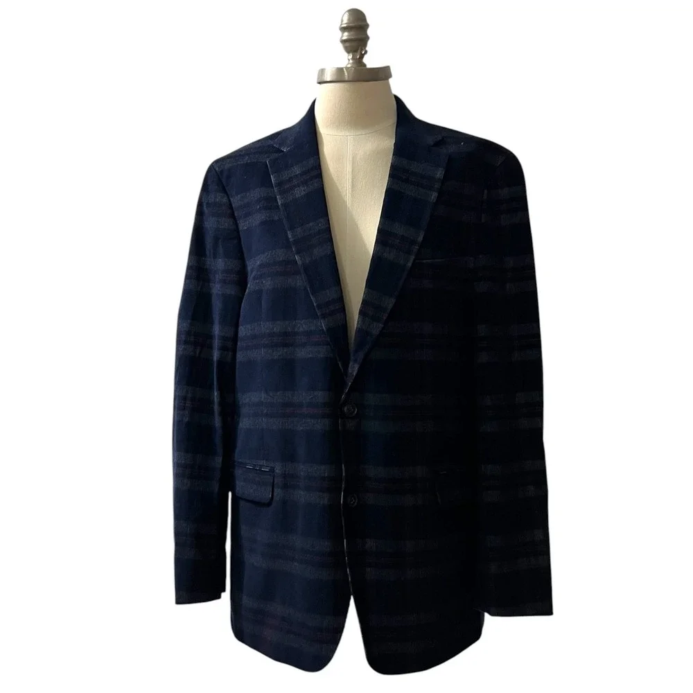 Tommy Hilfiger Mens Navy Blue Plaid Corduroy Sport Coat Blazer 43R